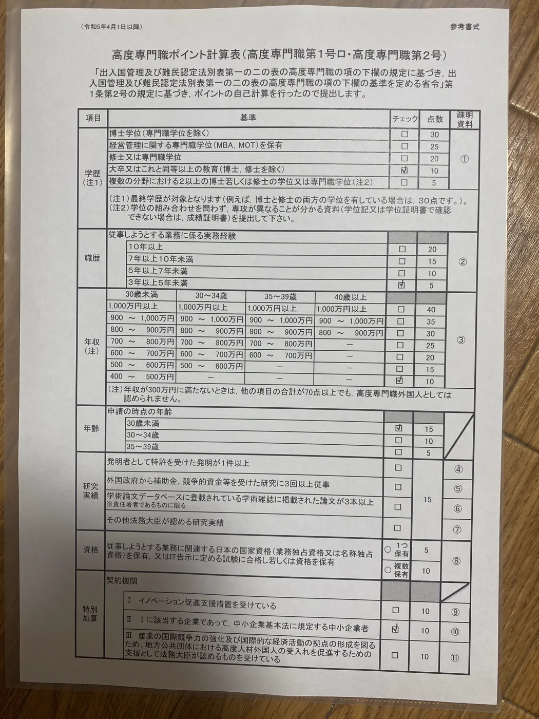Points calculation sheet ポイント計算表 – page 1