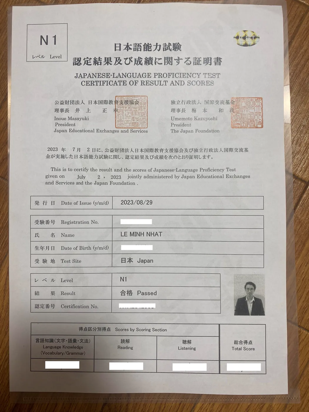 Copy of the JLPT certificate