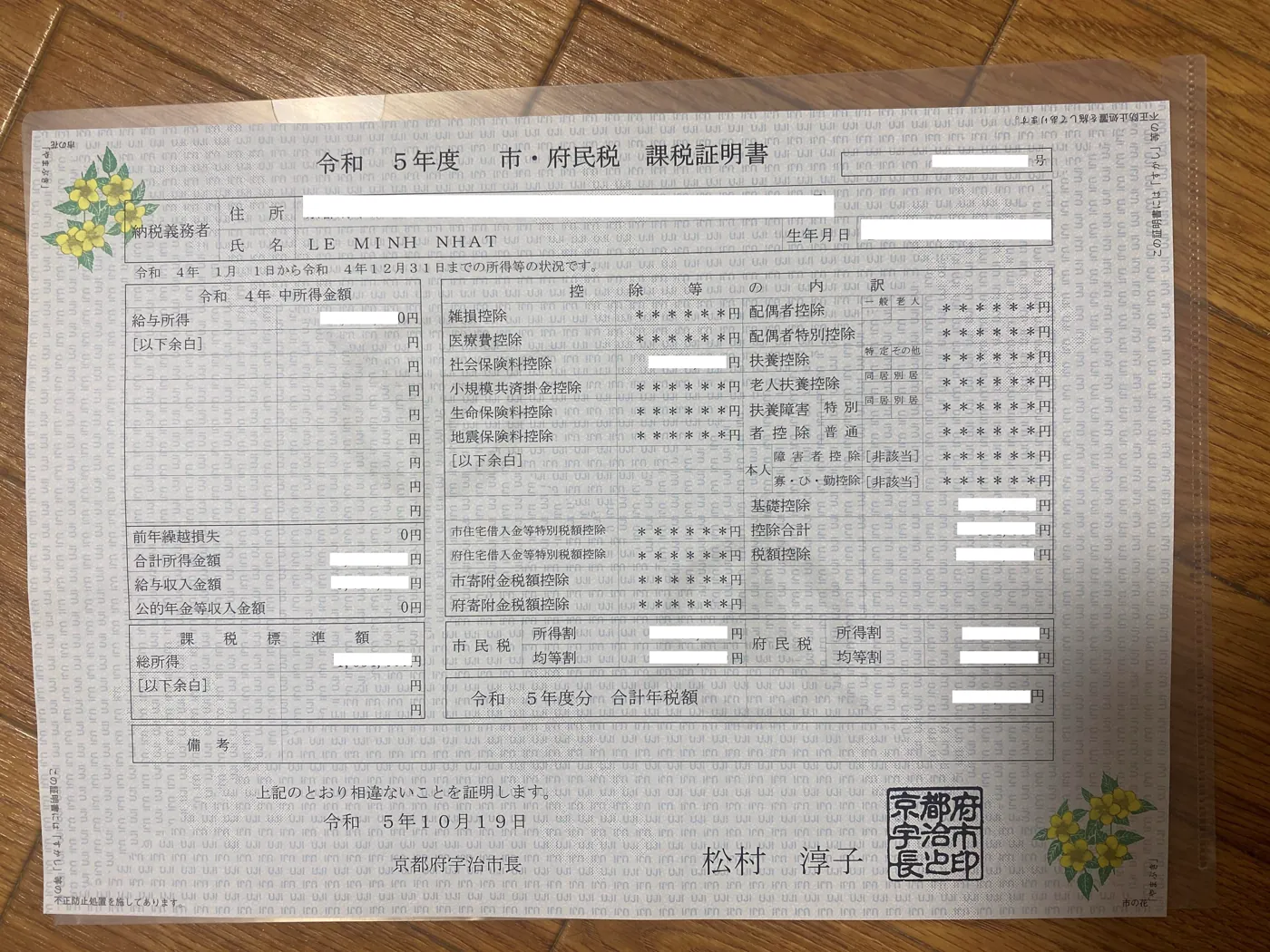 Tax certificate 課税証明書
